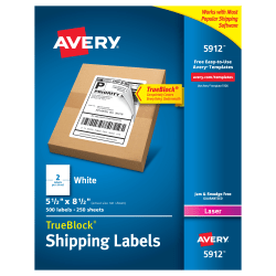 Avery? Permanent Shipping Labels With TrueBlock? Technology, 5912, 5 1/2&quot; x 8 1/2&quot;, White, Box Of 500