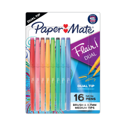 Paper Mate Flair Dual Felt-Tip Pens, Pack Of 16 Pens, Brush And Medium Tips, Assorted Barrel Colors, Assorted Ink Colors