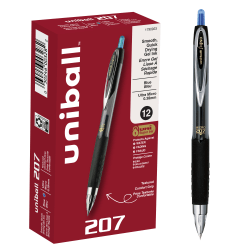 uni-ball® 207™ Retractable Fraud Prevention Gel Pens, Ultra Micro Point, 0.38 mm, Black Barrels, Blue Ink, Pack Of 12