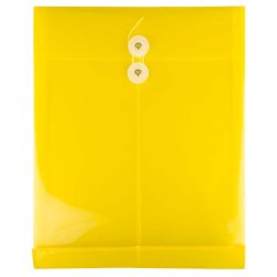 JAM Paper® Open-End Plastic Envelopes, Letter-Size, 9 3/4" x 11 3/4", Button &amp; String Closure, Yellow, Pack Of 12