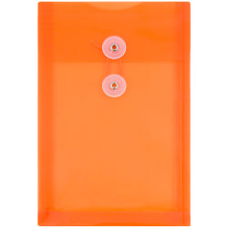 JAM Paper® Open-End Plastic Envelopes, 6 1/4" x 9 1/4", Button &amp; String Closure, Bright Orange, Pack Of 12