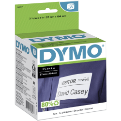 DYMO LabelWriter Self-Adhesive Name Badge Labels, 30857, White, 2 1/4&quot; x 4&quot;, Roll Of 250 Labels