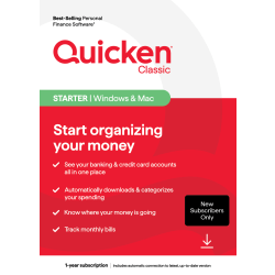 Quicken Classic Starter, New User, 1-Year Subscription, Windows®/Mac/iOS/Android Compatible, ESD
