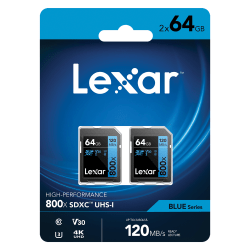 Lexar High-Performance BLUE Series 800x SDHC/SDXC UHS-I Memory Cards, 64GB, Pack Of 2 Cards, LSD0800064G-B2NNU