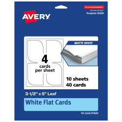 Avery® Print-To-The-Edge Flat Cards, 3-1/2"x5" Leaf, Matte White, Pack Of 40