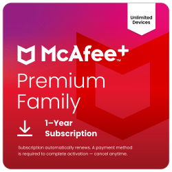 McAfee+ Premium Family Antivirus And Internet Security Software, For Unlimited Devices, 1-Year Subscription with Auto-Renewal, For Windows®/Mac/Android/iOS/ChromeOS, Digital Download