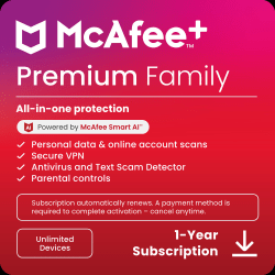 McAfee+ Premium Family Antivirus &amp; Internet Security Software, For Unlimited Devices, 1-Year Subscription Auto-Renewal, Product Key