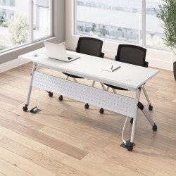 Bush Business Furniture Envision 72"W Folding Training Table with Powered Grommets and 2 Chairs, White/Cool Gray Metallic, Standard Delivery