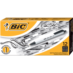 Photo 1 of BIC® Clic Stic® Retractable Pens, Medium Point, 1.0 mm, White Barrel, Black Ink, Pack Of 12