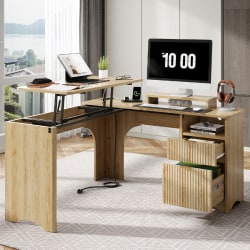 Bestier 55"W L-Shaped Adjustable Height Computer Standing Desk With Power Outlets, Lift-Top And Monitor Stand, Natural