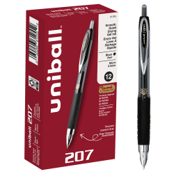 uni-ball® 207&trade; Retractable Fraud Prevention Gel Pens, Micro Point, 0.5 mm, Black Barrels, Black Ink, Pack Of 12