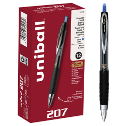 uni-ball® 207™ Retractable Fraud Prevention Gel Pens, Micro Point, 0.5 mm, Black Barrels, Blue Ink, Pack Of 12