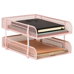 Mind Reader 2-Tier Metal Stackable Paper Tray, 7-1/2"H x 10-1/2"W x 13-1/4"D, Pink