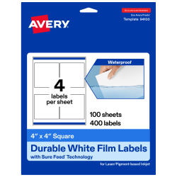 Avery® Waterproof Permanent Labels With Sure Feed®, 94100-WMF100, Square, 4" x 4", White, Pack Of 400