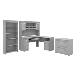 Bush Business Furniture Fairview 60&quot;W L-Shaped Corner Desk With Hutch, Lateral File Cabinet And 5-Shelf Bookcase, Cape Cod Gray, Standard Delivery