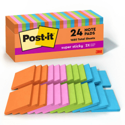 Post-it® Super Sticky Notes, 3 in x 3 in, 24 Pads, 70 Sheets/Pad, 2x the Sticking Power, Back to School Supplies for Students, Sticky Notes for Textbooks, Notebooks, Walls and Vertical Surfaces, Energy Boost Collection