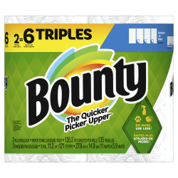 Bounty Select-A-Size 2-Ply Triple-Roll Paper Towels, 5-7/8&quot; x 11&quot;, White, 135 Sheets Per Roll, Pack Of 2 Rolls
