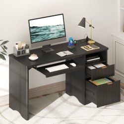 Bestier 55" Computer Desk With Power Outlets, 2 Storage Drawers And Keyboard Tray, Black