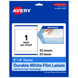 Avery® Waterproof Permanent Labels With Sure Feed®, 94108-WMF50, Square, 8" x 8", White, Pack Of 50