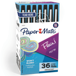 Paper Mate® Flair® Porous-Point Pens, Medium Point, 0.7 mm, Black Barrel, Black Ink, Pack Of 36 Pens