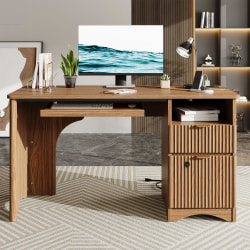 Bestier 55" Wood Computer Desk with Fingerprint Lock Drawer, Keyboard Tray &amp; Power Outlet, Brown