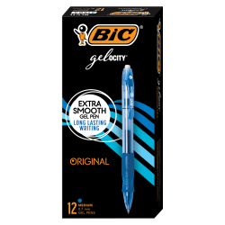 BIC Gelocity Original Long Lasting Retractable Gel Pens, Medium Point, 0.7 mm, Blue Barrel, Blue Ink, Pack Of 12