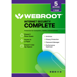 Webroot Complete Internet Security Complete + Antivirus - 5 Devices - 1-Year &ndash; Download Android, Apple iOS, Chrome, Mac OS, Windows