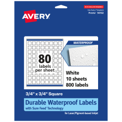 Avery® Waterproof Permanent Labels With Sure Feed®, 94102-WMF10, Square, 3/4" x 3/4", White, Pack Of 800