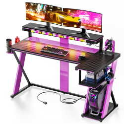 Bestier 58"W LED Gaming Computer Desk With Power Outlet, Black/Purple