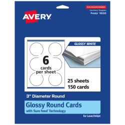 Avery® Printable Note Cards With Sure Feed® Technology, 3" Round, Glossy White, Pack Of 150