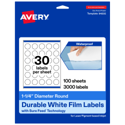 Avery® Waterproof Permanent Labels With Sure Feed®, 94505-WMF100, Round, 1-1/4" Diameter, White, Pack Of 3,000