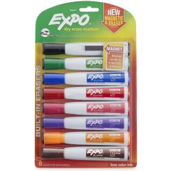 EXPO® Magnetic Dry Erase Markers With Eraser, Chisel Tip, Assorted Ink Colors, Pack Of 8