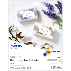 Avery® Print-to-the-Edge Labels, 22890, 2" x 3", Glossy White, 8 Labels Per Sheet, Pack Of 10 Sheets