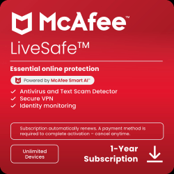 McAfee® LiveSafe Antivirus &amp; Internet Security Software, For Unlimited Devices, 1-Year Subscription, Download
