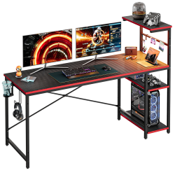 Bestier Gaming Computer Desk With RGB LED Lights And 4-Tier Storage Shelves, 61&quot;W, Black Carbon Fiber