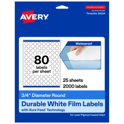 Avery® Waterproof Permanent Labels With Sure Feed®, 94504-WMF25, Round, 3/4" Diameter, White, Pack Of 2,000