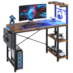 Bestier RGB Gaming Desk With Storage Shelf &amp; Side Pocket, 45&quot;W, Rustic Brown