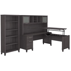 Bush Furniture Somerset 72&quot;W 3-Position Sit-To-Stand L-Shaped Desk With Hutch And Bookcase, Storm Gray, Standard Delivery
