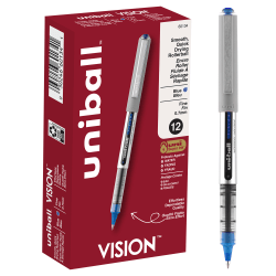 uni-ball® Vision&trade; Rollerball Pens, Fine Point, 0.7 mm, Gray Barrel, Blue Ink, Pack Of 12
