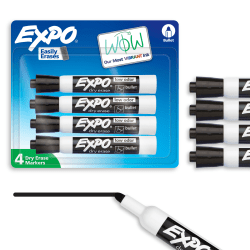 EXPO® Low-Odor Dry-Erase Markers, Bullet Tip, Black/White Barrel, Black Ink, Pack Of 4 Markers