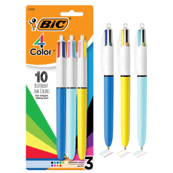 BIC 4-Color Retractable Ballpoint Pens, Medium Point, 1.0 mm, Assorted Ink Colors, Pack Of 3 Pens