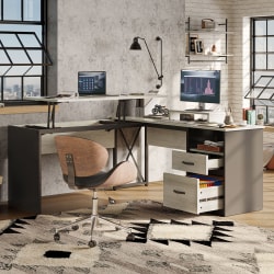 Bestier 56&quot;W Standing Desk With Drawers &amp; Monitor Stand, Light Retro Gray Oak