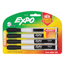 EXPO® Magnetic Dry Erase Markers With Eraser, Fine Tip, Black Ink, Pack Of 4