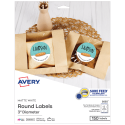 Avery® Printable Labels With Sure Feed®, Round, 3" diameter, Matte White, Pack Of 150