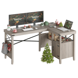 Bestier 60&quot;W L-Shaped Corner Computer Desk With Storage Cabinet &amp; Accessory Hooks, Gray Wash