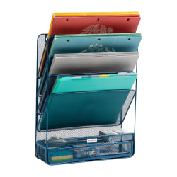 Mind Reader 4-Tier Wall Mount Vertical File Storage With Drawer, 16-1/2"H x 4"W x 12-1/2"D, Turquoise
