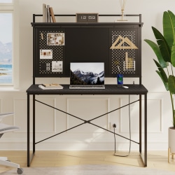 Bestier 40&quot;W Computer Desk With Hutch, Power Outlet, RGB LED Lights And Pegboard, Black