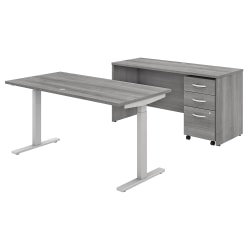 Bush Business Furniture Studio C 60&quot;W x 30&quot;D Height-Adjustable Standing Desk, Credenza And Mobile File Cabinet, Platinum Gray, Standard Delivery