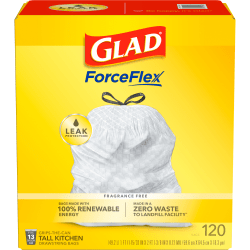 Glad® ForceFlex&trade; Tall Kitchen Drawstring Trash Bags, 13 Gallon, White, Box of 120 Bags