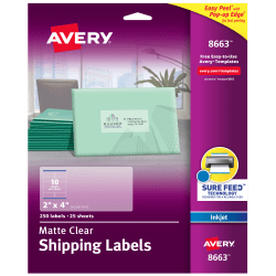 Avery® Matte Shipping Labels With Sure Feed® Technology, 8663, Rectangle, 2&quot; x 4&quot;, Clear, Pack Of 250